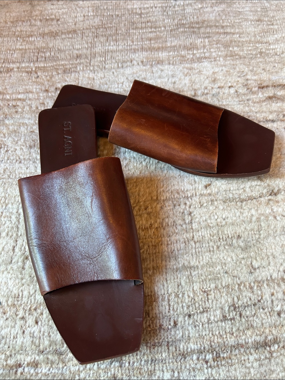 St. Agni Chestnut Brown Bandeau Leather Slide Sandals Minimal Modern Sz 41, 10US